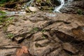 The cascade of a cold river waterfall falls on stones, cascades on a mountain river. The concept of active holidays, holidays