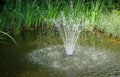 Cascade fountain on the emerald surface of the pond against background of emerald green of shady summer garden. Royalty Free Stock Photo