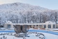 Cascade fountain and pump-room with mineral water Smirnovsky source in winter Royalty Free Stock Photo