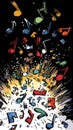 Cascade of musical notes creating explosive energy