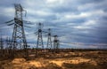 cascade of power lines. electricity distribution station in storm. Royalty Free Stock Photo