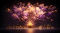 A cascade of purple and gold fireworks, resembling a waterfall of light against a dark canvas. The fireworks are captured in a way Royalty Free Stock Photo