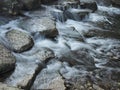 cascade of small waterfalls of a mountain river among the boulders, the water is blurred in motion Royalty Free Stock Photo