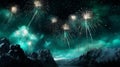 A cascade of teal and white fireworks, resembling a frozen waterfall, set against the dark night sky Royalty Free Stock Photo