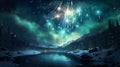 A cascade of teal and white fireworks, resembling a frozen waterfall, set against the dark night sky Royalty Free Stock Photo