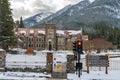 Cascade of Time Garden in snowy winter day. At the end of downtown Banff Avenue