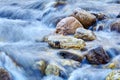 Cascade of waterfalls of a mountain river among the boulders, the water is blurred in motion Royalty Free Stock Photo