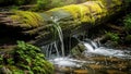 Cascades over the log into the clear shallow stream below creating a Royalty Free Stock Photo