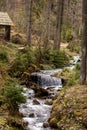 Cascading down a small mountain stream, the water runs over basalt boulders. A small waterfall runs through the moss. Royalty Free Stock Photo