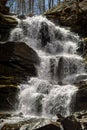 Cascading down a small mountain stream, the water runs over basalt boulders. A small waterfall runs through the moss. Royalty Free Stock Photo