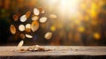 Cascading nuts on rustic wooden table, a stunning display of nature\'s abundance nuts