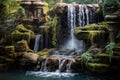 Cascading Outdoor fountain waterfall stone. Generate Ai Royalty Free Stock Photo