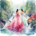 Cascading River of Wedding Attire in Watercolor Style