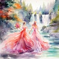 Cascading River of Wedding Attire in Watercolor Style