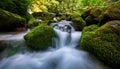 A cascading stream of crystal-clear water captured mid-motion with green moss-covered rocks in the background