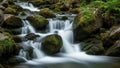 Cascading stream flows over smooth moss covered rocks in a lush forest Royalty Free Stock Photo