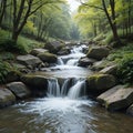 Cascading Stream in Lush Green Forest: Soft Sunlight, Mossy Rocks, and Tranquil Atmosphere