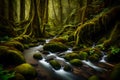 A cascading stream winding through a lush, moss-draped temperate rainforest, nurturing a rich tapestry of life