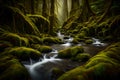 A cascading stream winding through a lush, moss-draped temperate rainforest, nurturing a rich tapestry of life