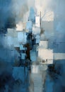 Cascading Tones: A Simplified Cityscape in Blue, White, and Grey