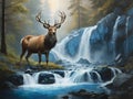 Cascading Tranquility: Blue Waterfall, Forest, and Majestic Deer