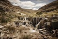 cascading waterfall amidst dried-out landscape of drought Royalty Free Stock Photo