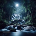 Cascading waterfall in forest, illuminated by the glow of the distant moon light
