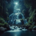 Cascading waterfall in forest, illuminated by the glow of the distant moon light