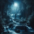 Cascading waterfall in forest, illuminated by the glow of the distant moon light