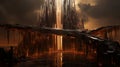 A cascading waterfall of molten metals of an angular structure, casting reflections