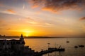 Cascais, Portugal - April 1, 2017 : View of the beautiful waterfront in Cascais, a popular European holiday destination at sunrise