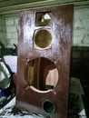 Case of Acoustic vintage system amphiton 35ac-018 during restoration. Grinding and painting