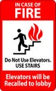 In Case Of Fire Sign Do Not Use Elevators. Use Stairs, Elevators Will Be Recalled To Lobby Royalty Free Stock Photo
