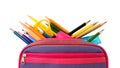 Case full of color pencils and school stationery Royalty Free Stock Photo