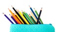 Case full of color pencils on white background Royalty Free Stock Photo