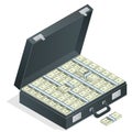 Case full of money on white background. Lot of money in a suitcase. Flat 3d vector isometric illustration