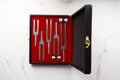 Case of Set of Tuning Forks for hearing tests on white background . Medical equipment. Medical and Healthcare concept.