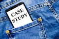 Case study the text is written on the white screen of the phone shortly lies in jeans Royalty Free Stock Photo