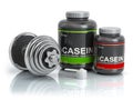 Casein protein with scoop and dumbbell.Bodybuilder nutritionsup Royalty Free Stock Photo