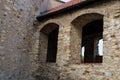 Casement windows of a medieval fortress. Background with selective focus and copy space