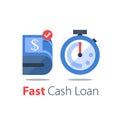 Cash back, bundle of bills and stopwatch, easy loan, instant payment