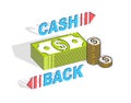 Cash Back concept, cash money dollar stacks and cent coins piles with lettering isolated on white background. 3d vector business Royalty Free Stock Photo