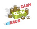 Cash Back concept, cash money dollar stacks and cent coins piles with lettering isolated on white background. 3d vector business Royalty Free Stock Photo