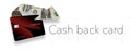 Cash back credit card rewards are illustrated here with a looping arrow made of dollar bills wrapping around a cash back card.