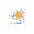 Cash back, currency credit card, fast easy loan, loyalty concept, collecting bonus, earn reward, line icon