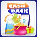 Cash Back. 3d illustration of women\'s wallet, gift, smartphone, money and shopping bag