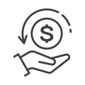 Cash back icon with hand holding coin with dollar symbol and arrow. Isolated, lined, vector pictogram. Save money on internet stor Royalty Free Stock Photo