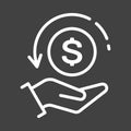 Cash back icon with hand holding coin with dollar symbol and arrow. Isolated, lined, vector pictogram. Save money on internet stor Royalty Free Stock Photo