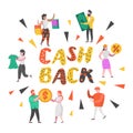 Cash Back and Money Refund Concept. Flat People Characters on Shopping with Bags and Money. Sale, Big Discount Promotion Royalty Free Stock Photo