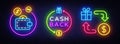 Cash Back Neon Symbols Collection Vector. Cash Back neon sign, design template, modern trend design, casino neon sign